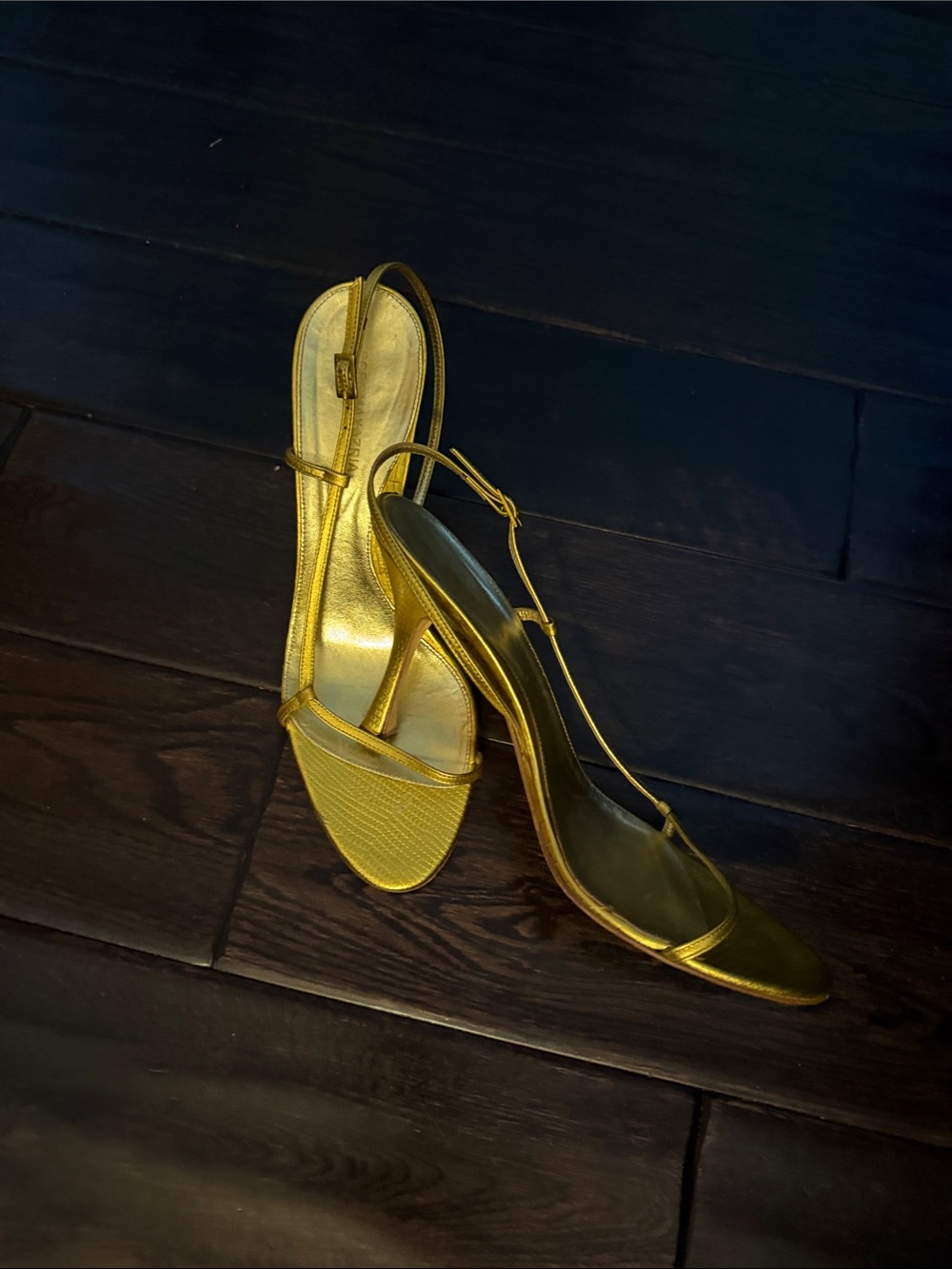 BCBGMAXAZRIA Gold Slingback Stiletto Sandals - Women's Evening Shoes, 391/2 EUC. - Picture 2 of 11
